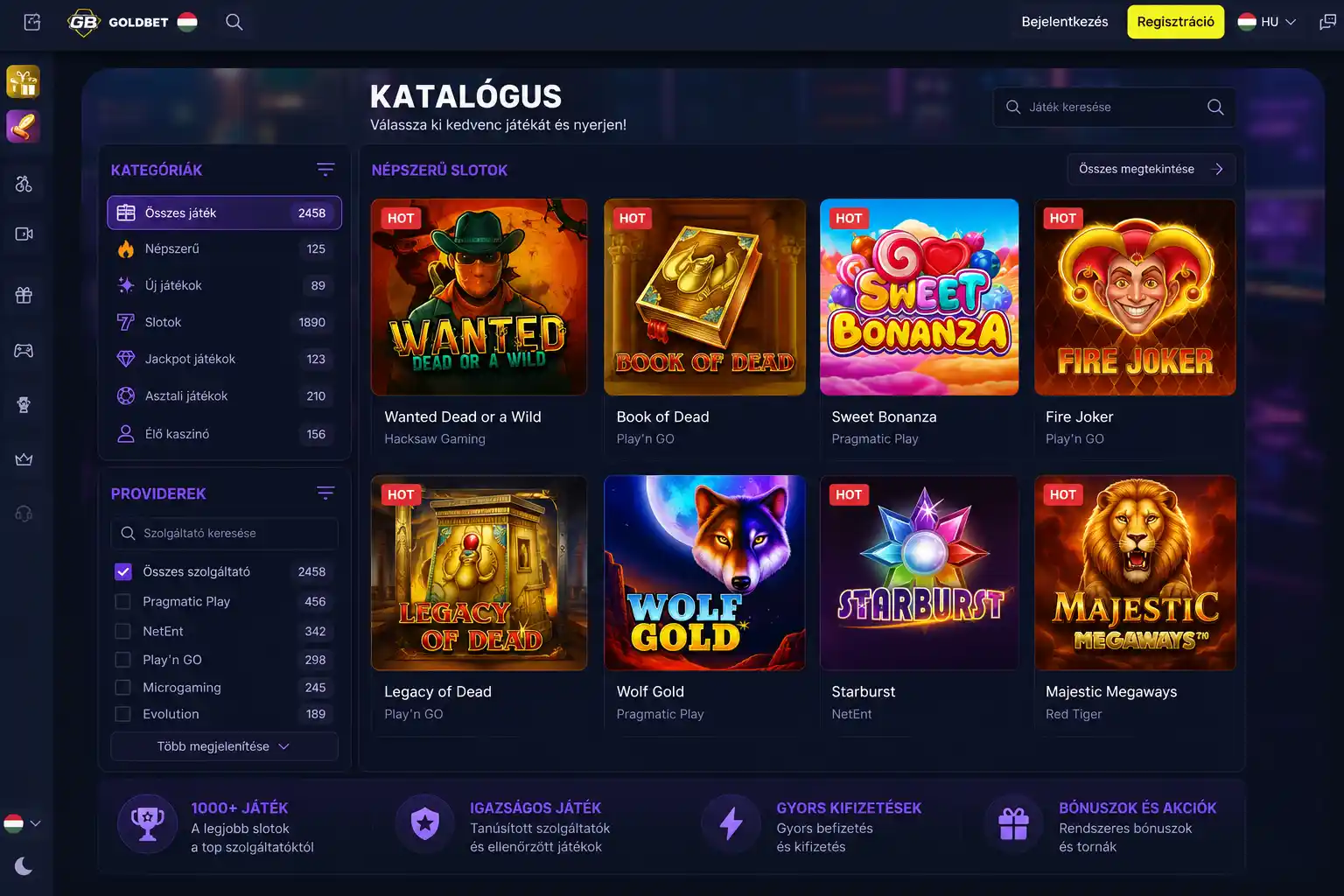 Goldbet játékkatalógus — népszerű nyerőgépek és szolgáltatói szűrők